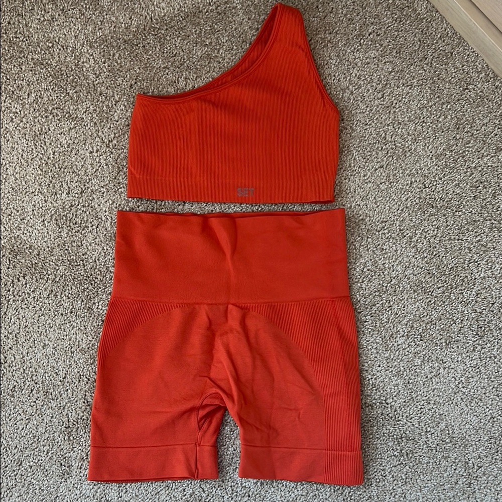 SET Active Asymmetrical Top and Shorts in Bold Red